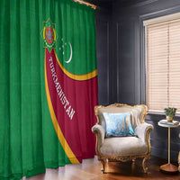 Turkmenistan Green Window Curtain with Crescent Moon and State Emblem Design