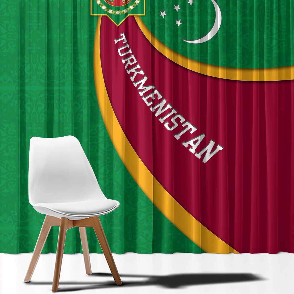 Turkmenistan Green Window Curtain with Crescent Moon and State Emblem Design