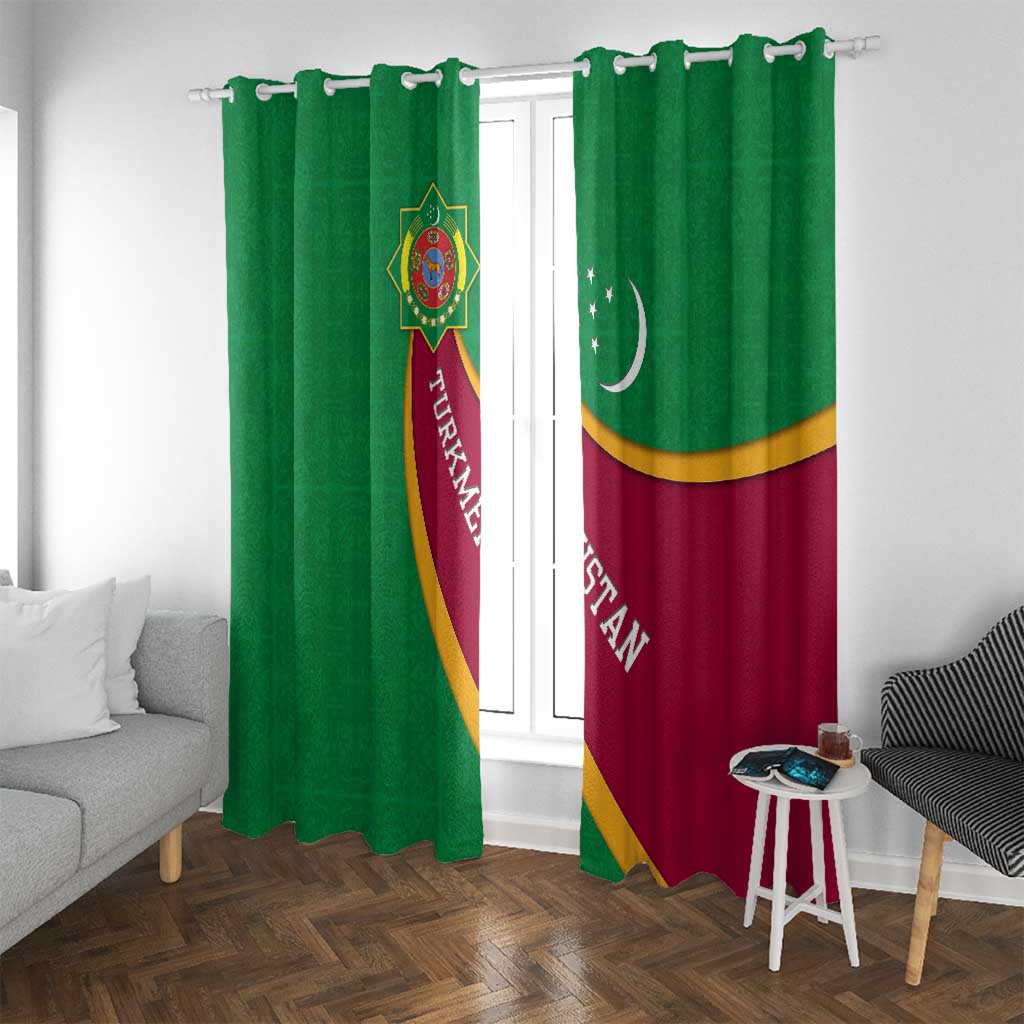 Turkmenistan Green Window Curtain with Crescent Moon and State Emblem Design