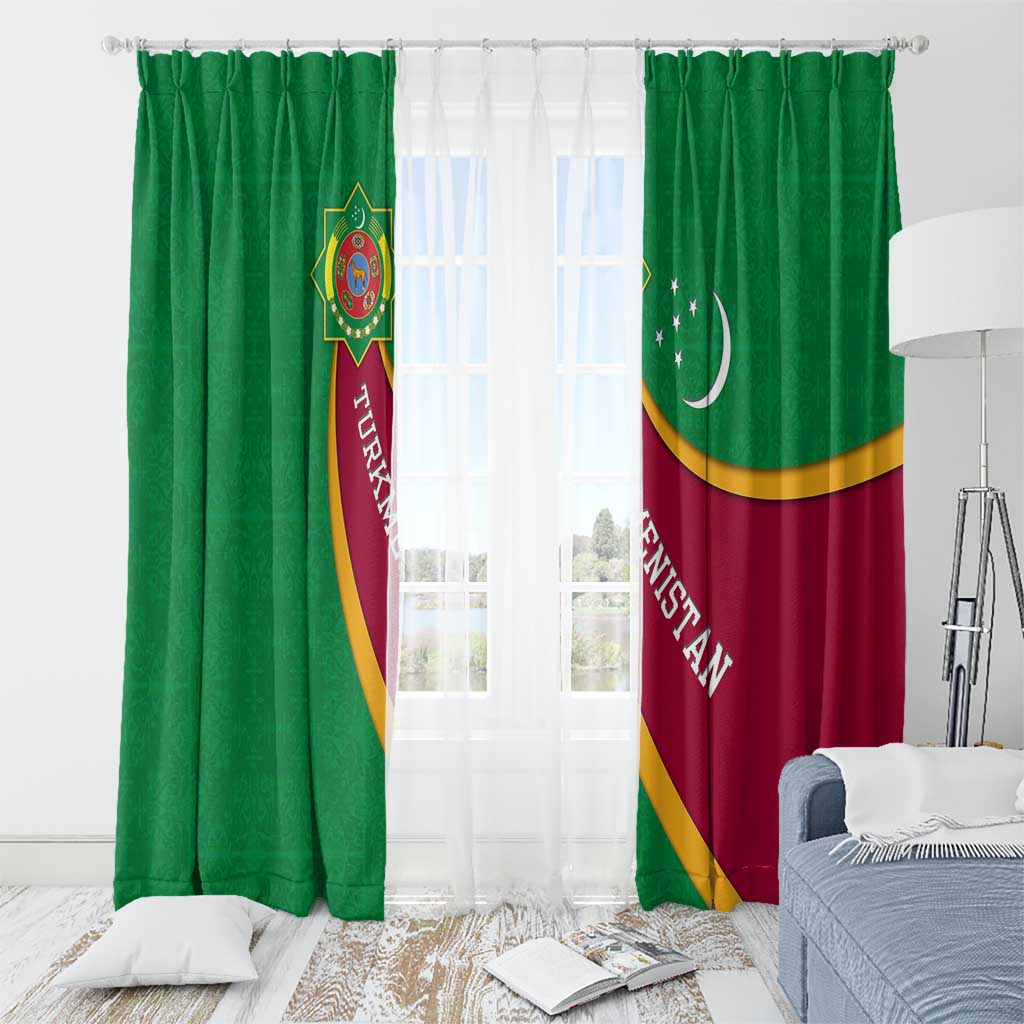 Turkmenistan Green Window Curtain with Crescent Moon and State Emblem Design