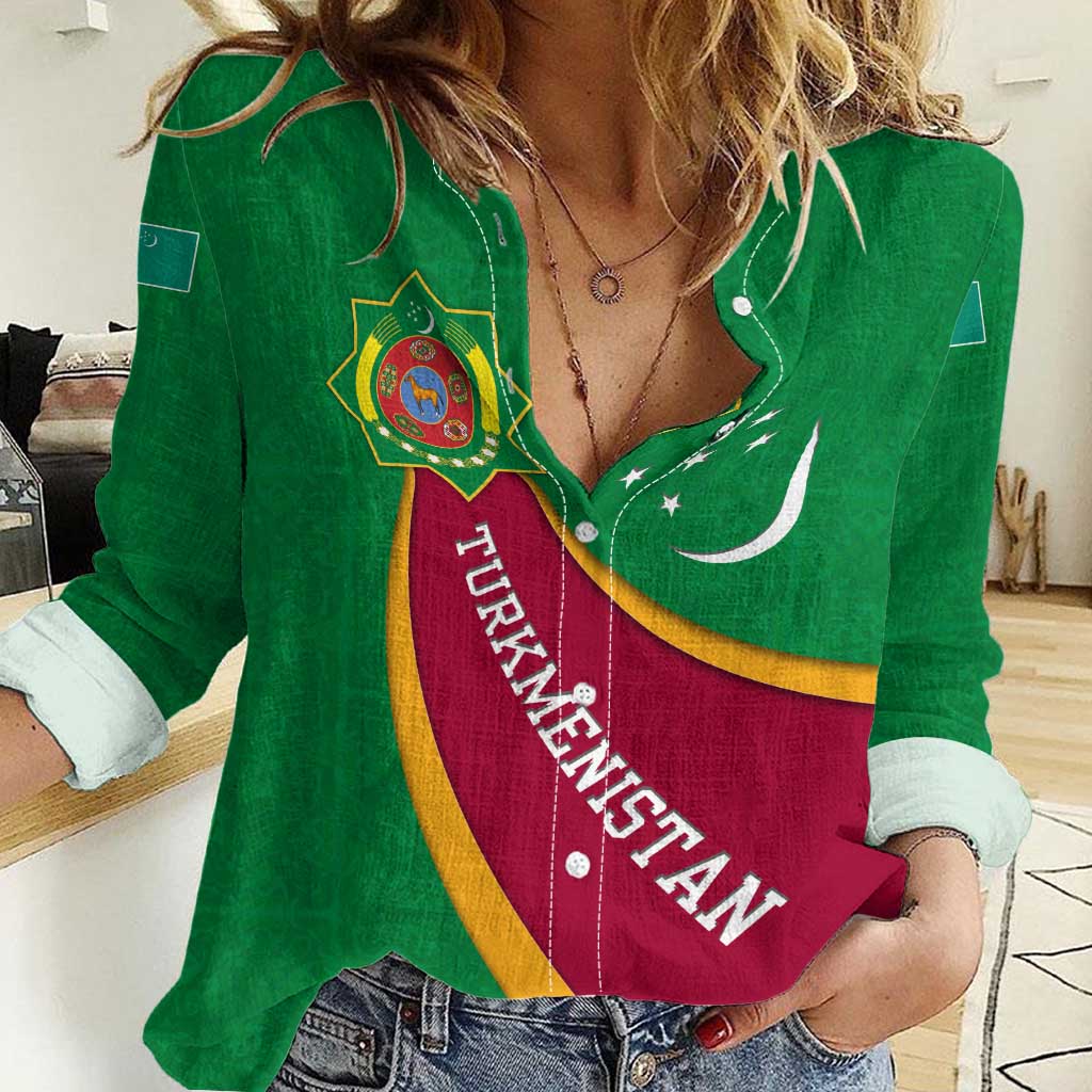 Turkmenistan Green Women Casual Shirt with Crescent Moon and State Emblem Design