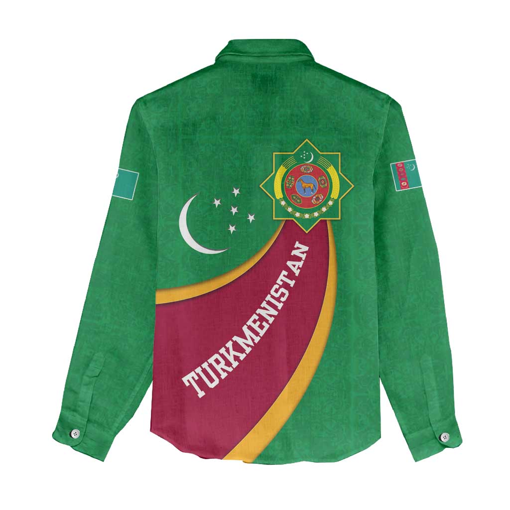 Turkmenistan Green Women Casual Shirt with Crescent Moon and State Emblem Design