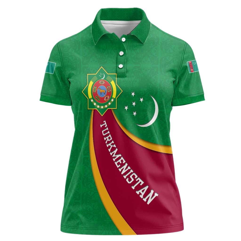 Turkmenistan Green Women Polo Shirt with Crescent Moon and State Emblem Design
