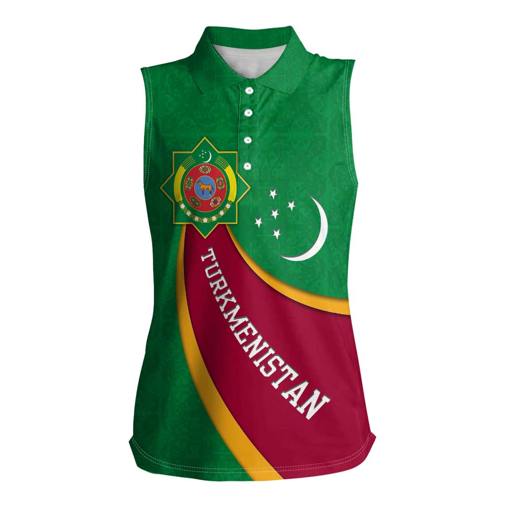 Turkmenistan Green Women Sleeveless Polo Shirt with Crescent Moon and State Emblem Design