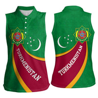 Turkmenistan Green Women Sleeveless Polo Shirt with Crescent Moon and State Emblem Design