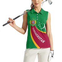 Turkmenistan Green Women Sleeveless Polo Shirt with Crescent Moon and State Emblem Design