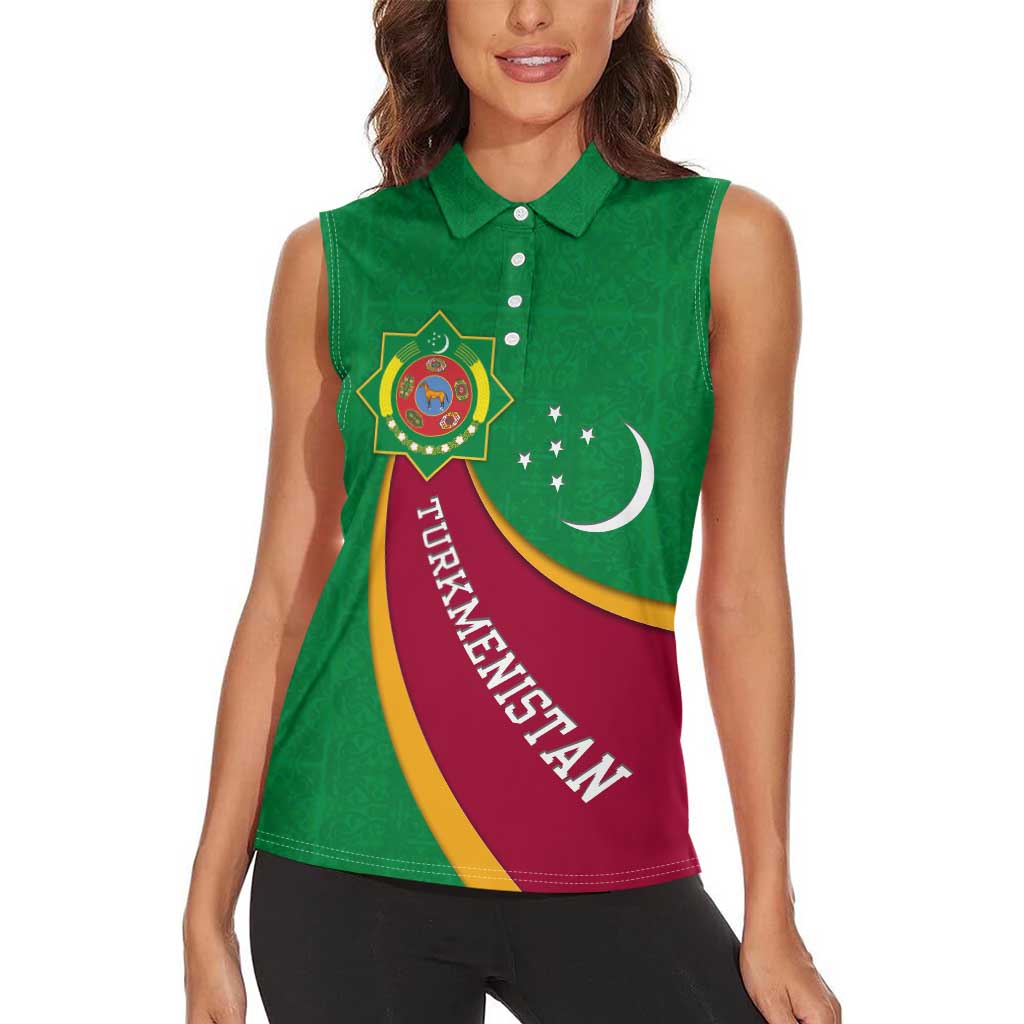 Turkmenistan Green Women Sleeveless Polo Shirt with Crescent Moon and State Emblem Design