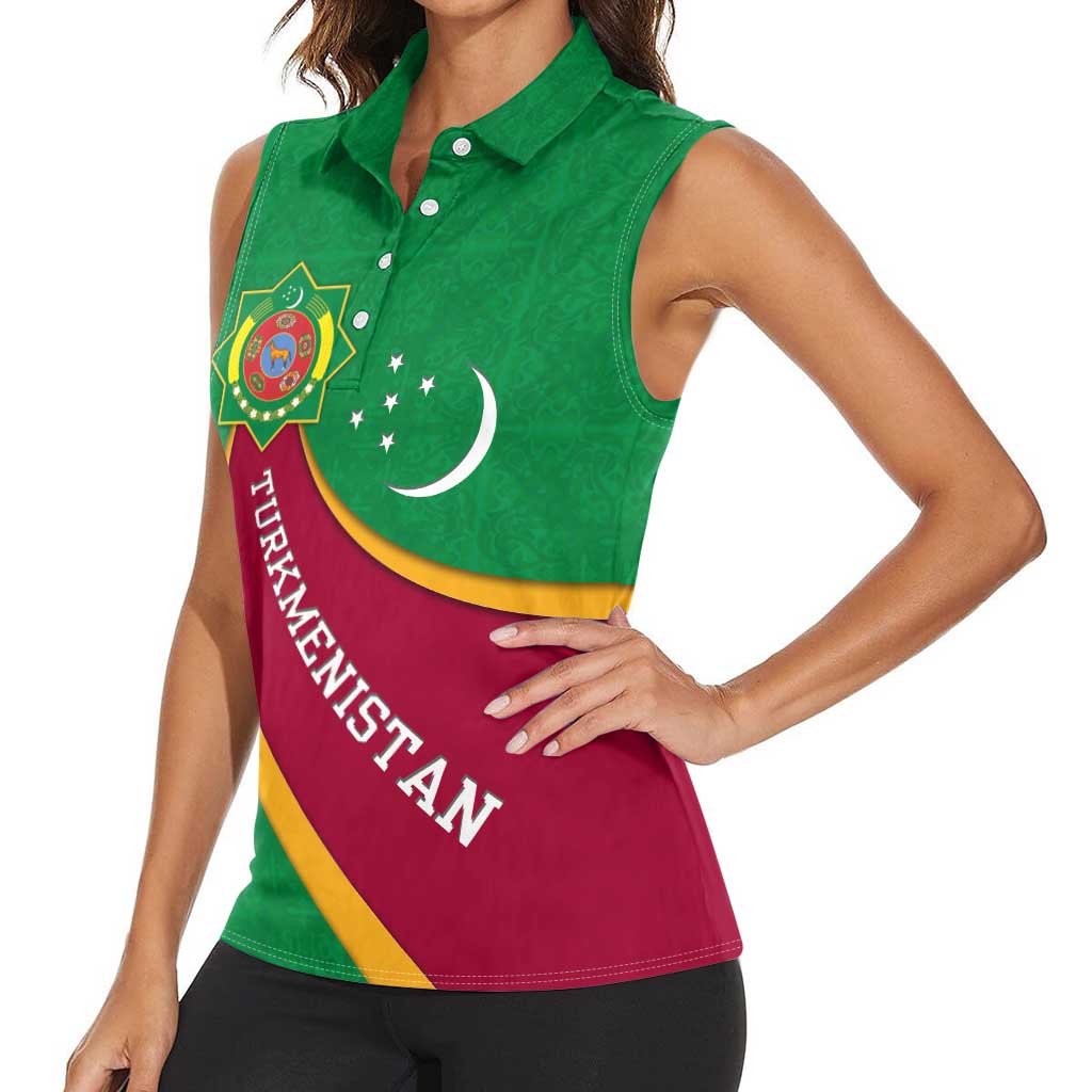 Turkmenistan Green Women Sleeveless Polo Shirt with Crescent Moon and State Emblem Design