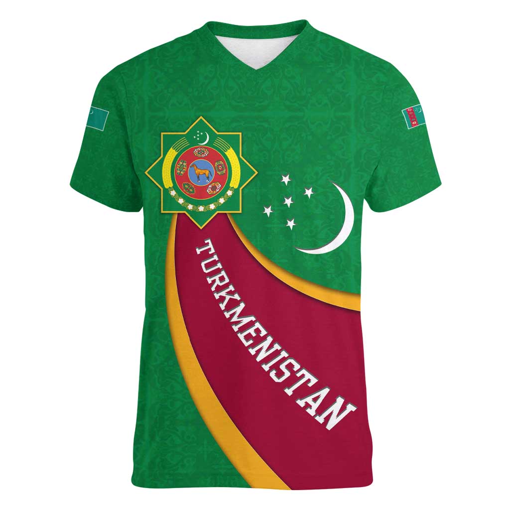 Turkmenistan Green Women V-Neck T-Shirt with Crescent Moon and State Emblem Design