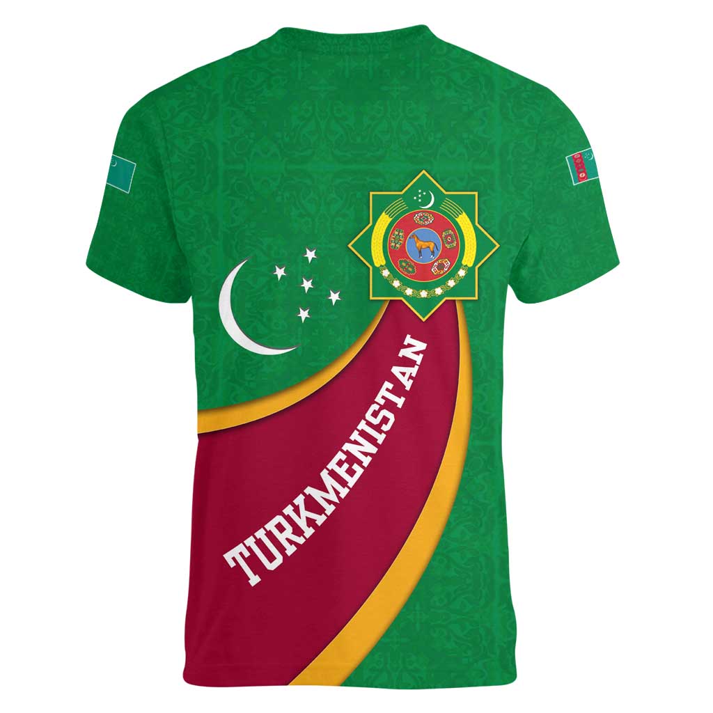 Turkmenistan Green Women V-Neck T-Shirt with Crescent Moon and State Emblem Design