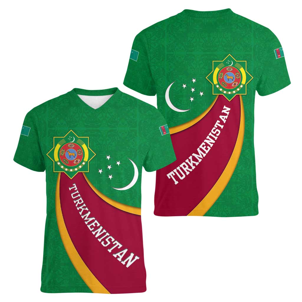 Turkmenistan Green Women V-Neck T-Shirt with Crescent Moon and State Emblem Design