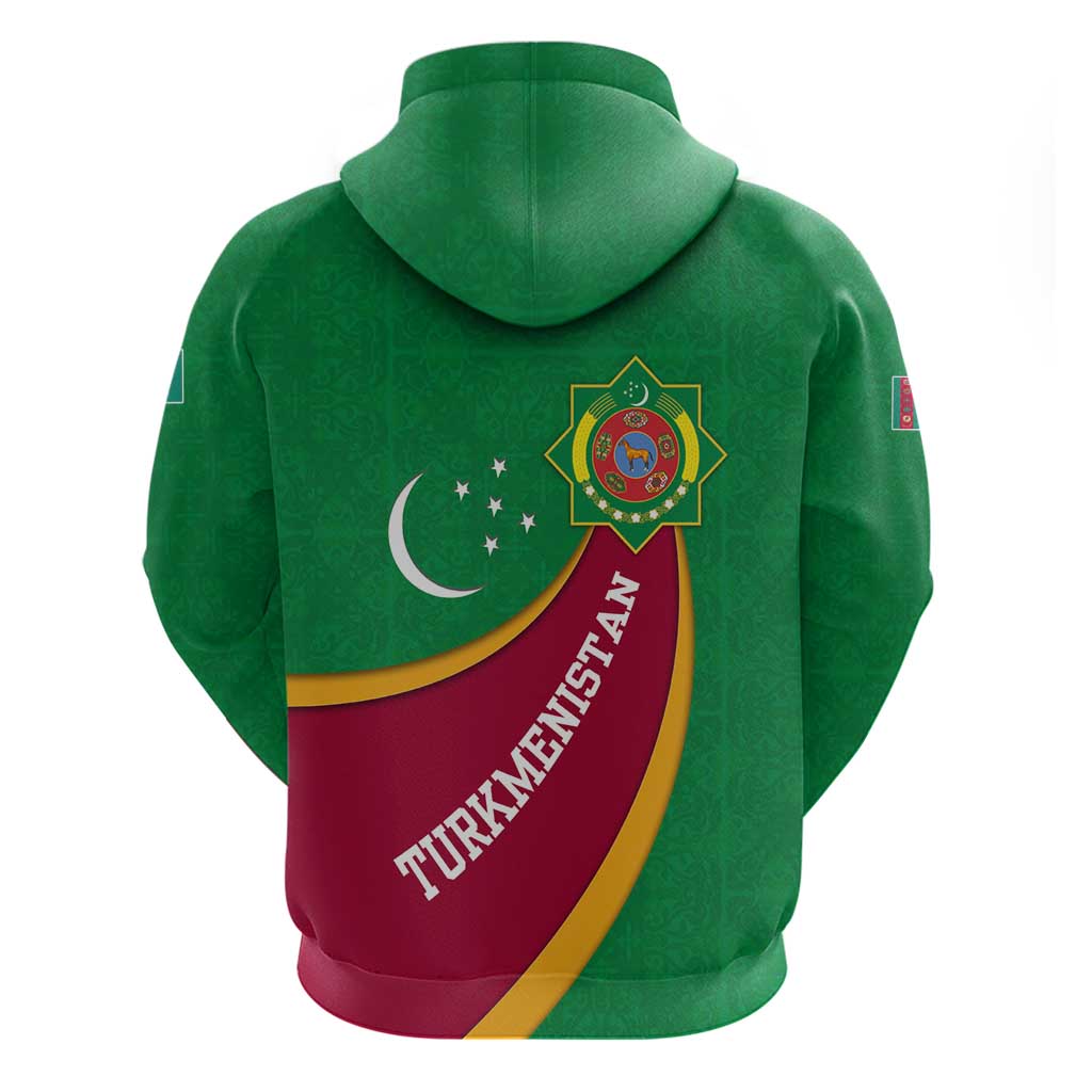 Turkmenistan Green Zip Hoodie with Crescent Moon and State Emblem Design