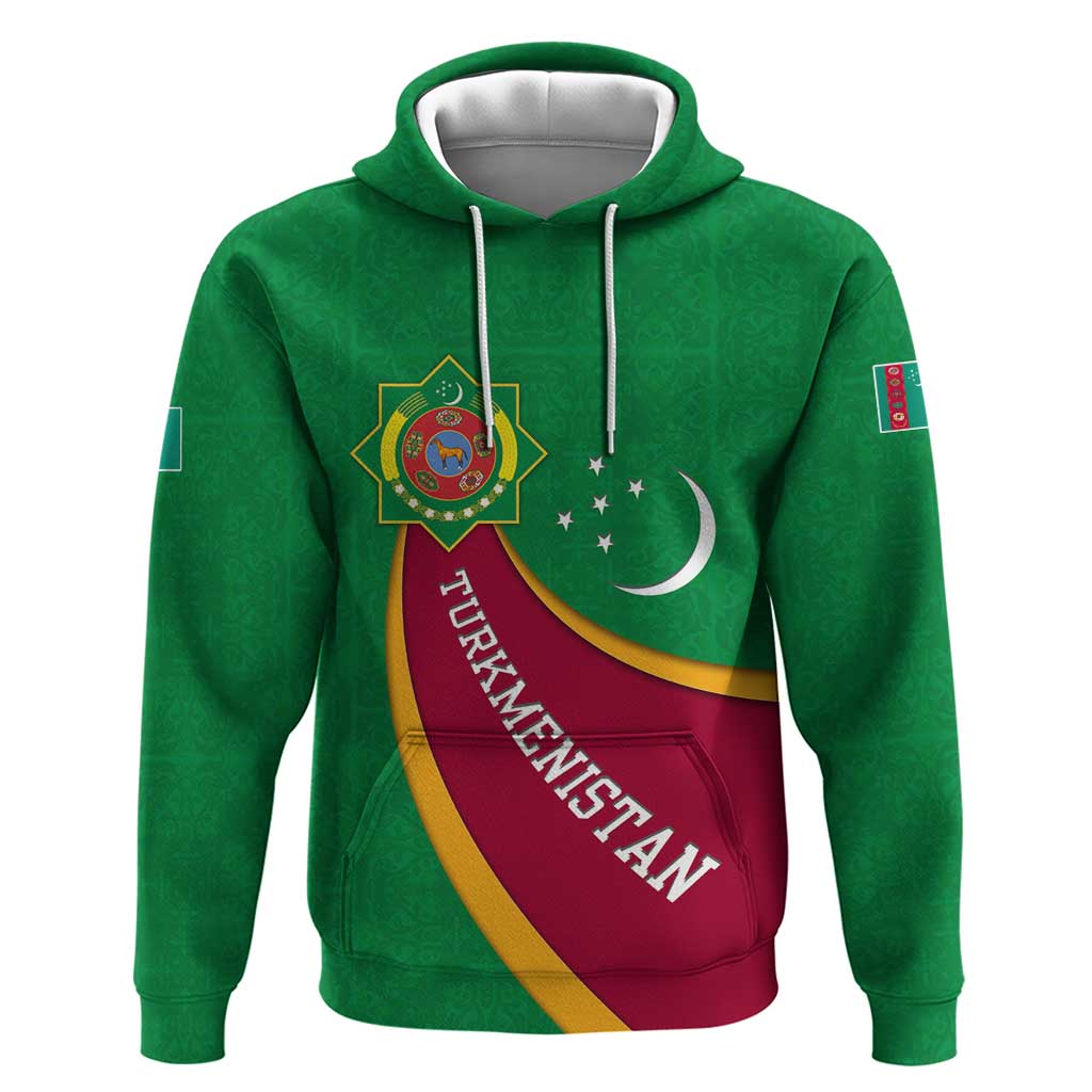 Turkmenistan Green Zip Hoodie with Crescent Moon and State Emblem Design