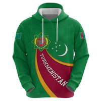 Turkmenistan Green Zip Hoodie with Crescent Moon and State Emblem Design
