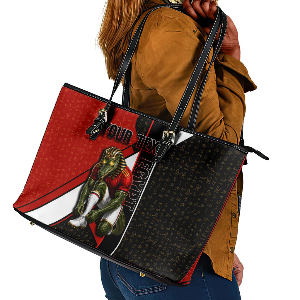 Personalized Egypt Soccer Sobek Crocodile Mascot Leather Tote Bag Ancient Egyptian Hieroglyphic Stripe