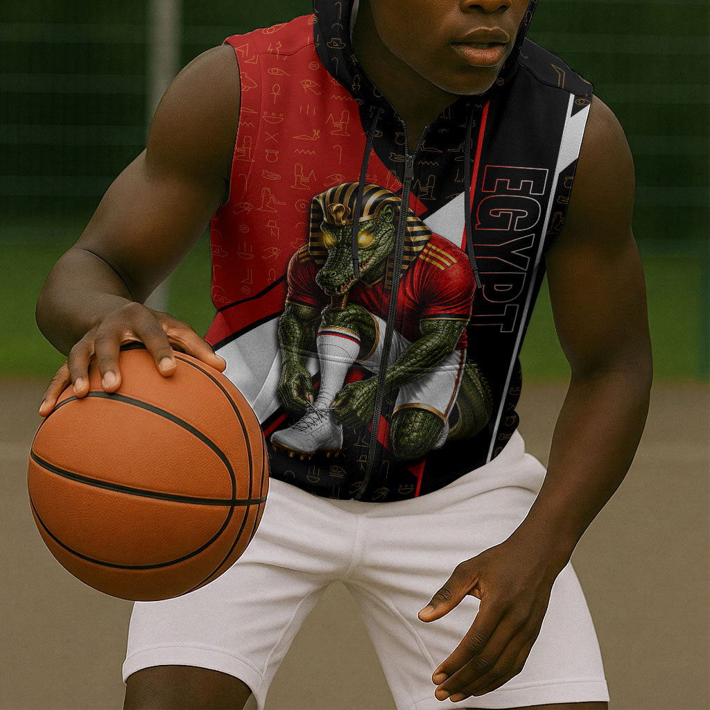 Personalized Egypt Soccer Sobek Crocodile Mascot Sleeveless Zip Hoodie Ancient Egyptian Hieroglyphic Stripe