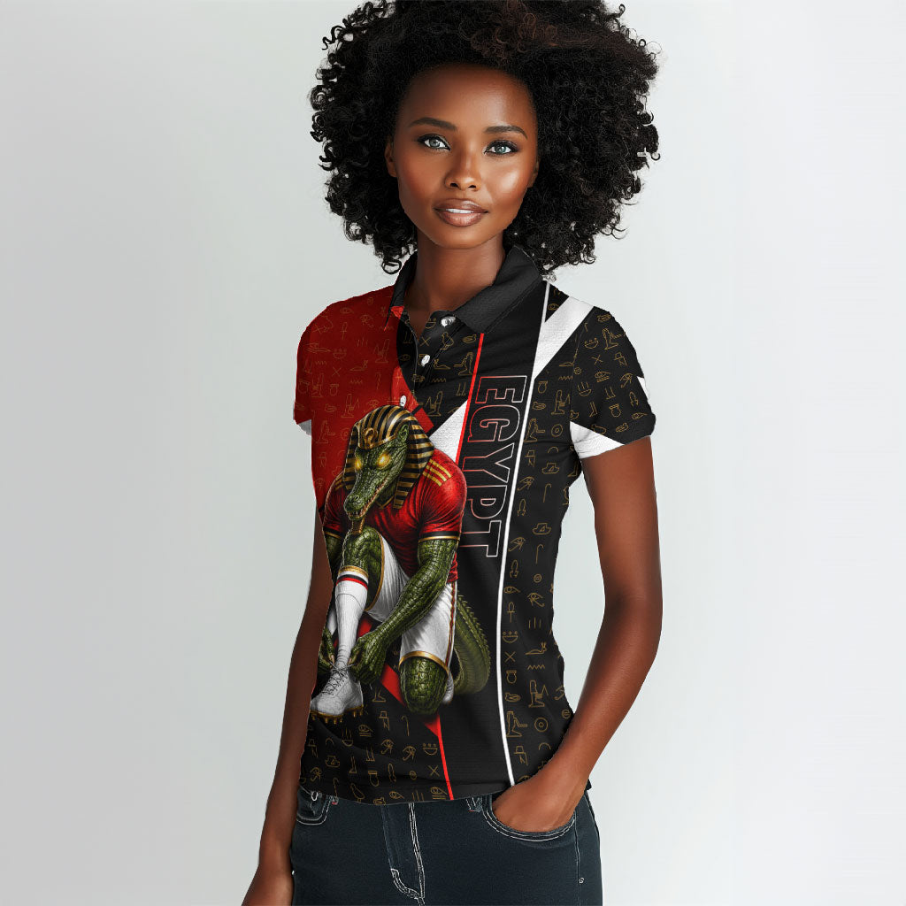 Personalized Egypt Soccer Sobek Crocodile Mascot Women Polo Shirt Ancient Egyptian Hieroglyphic Stripe