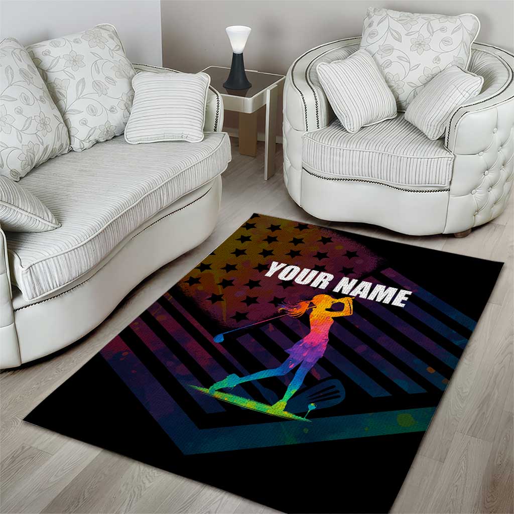 Colorful Golf Area Rug Watercolor American Flag Female Golfer Silhouette in Rainbow Gradient - Wonder Print Shop