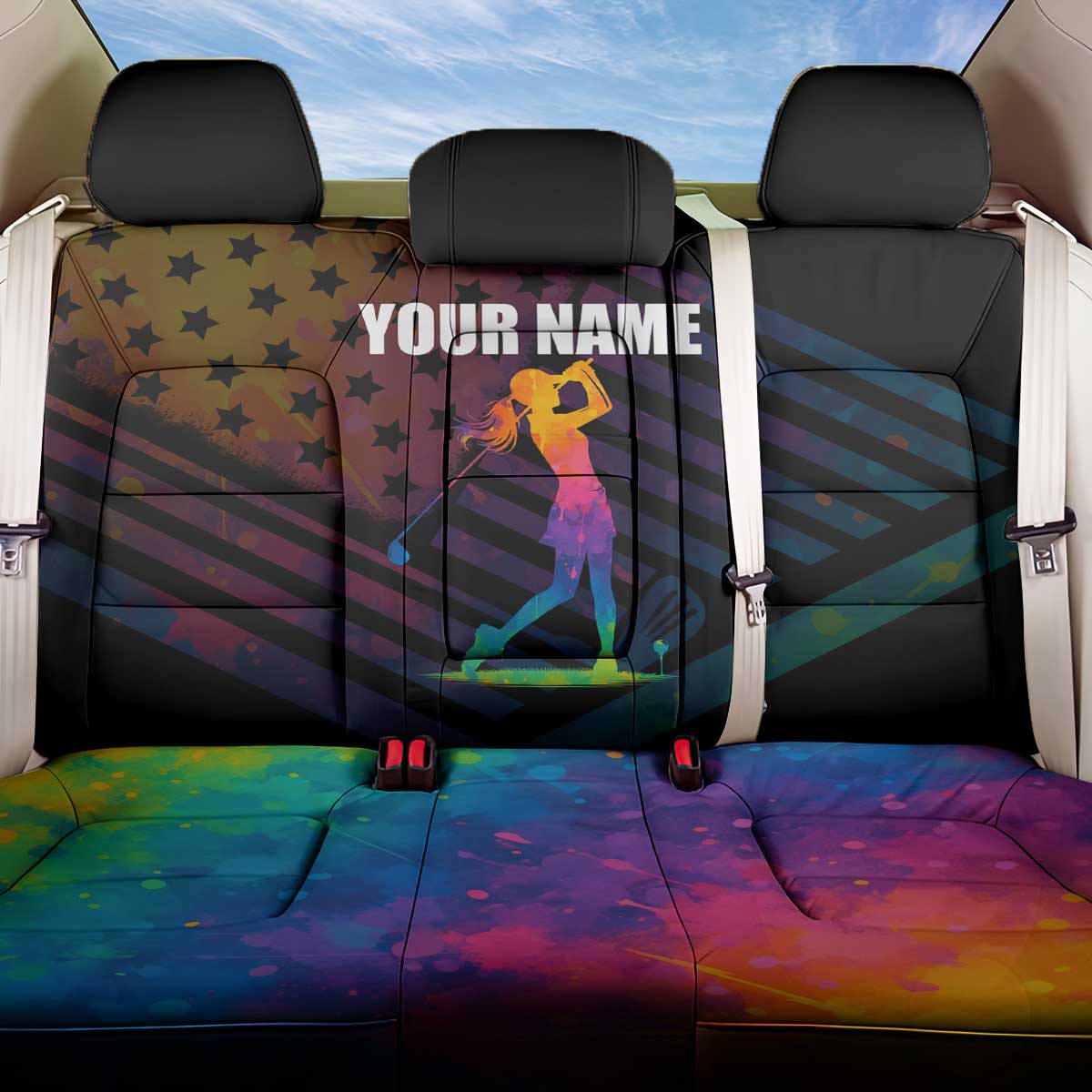 Colorful Golf Back Car Seat Cover Watercolor American Flag Female Golfer Silhouette in Rainbow Gradient - Wonder Print Shop