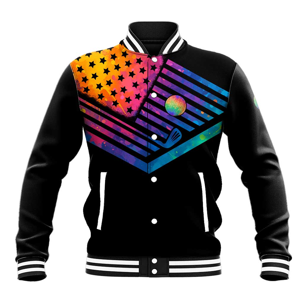 Colorful Golf Baseball Jacket Watercolor American Flag Female Golfer Silhouette in Rainbow Gradient - Wonder Print Shop