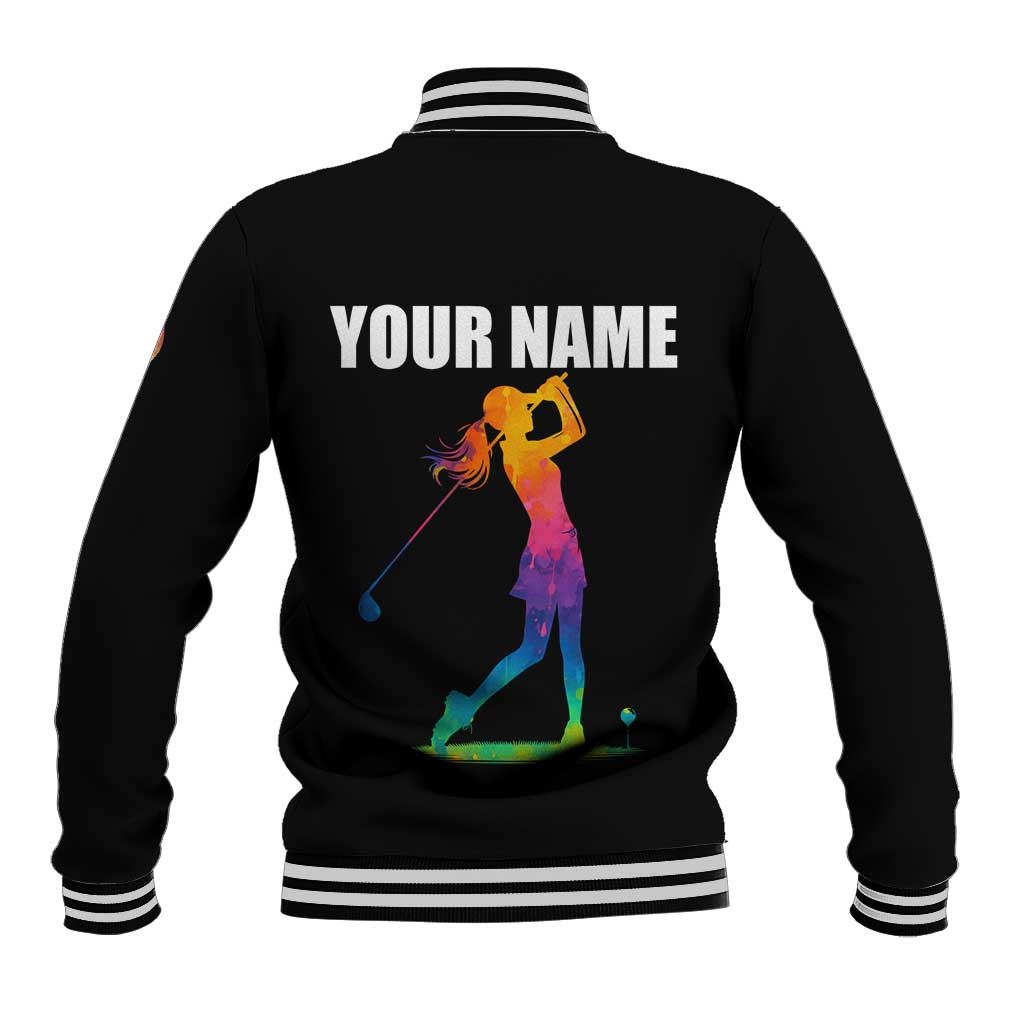 Colorful Golf Baseball Jacket Watercolor American Flag Female Golfer Silhouette in Rainbow Gradient - Wonder Print Shop