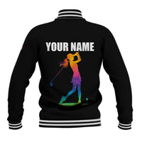 Colorful Golf Baseball Jacket Watercolor American Flag Female Golfer Silhouette in Rainbow Gradient - Wonder Print Shop