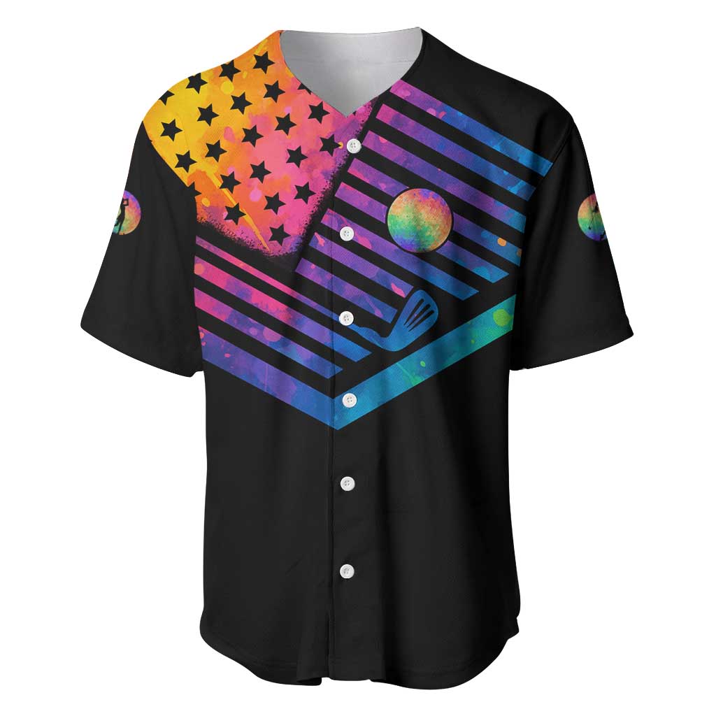 Colorful Golf Baseball Jersey Watercolor American Flag Female Golfer Silhouette in Rainbow Gradient - Wonder Print Shop