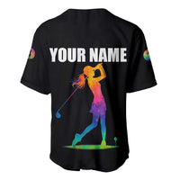 Colorful Golf Baseball Jersey Watercolor American Flag Female Golfer Silhouette in Rainbow Gradient - Wonder Print Shop