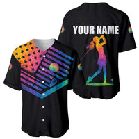 Colorful Golf Baseball Jersey Watercolor American Flag Female Golfer Silhouette in Rainbow Gradient - Wonder Print Shop