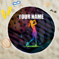 Colorful Golf Beach Blanket Watercolor American Flag Female Golfer Silhouette in Rainbow Gradient - Wonder Print Shop