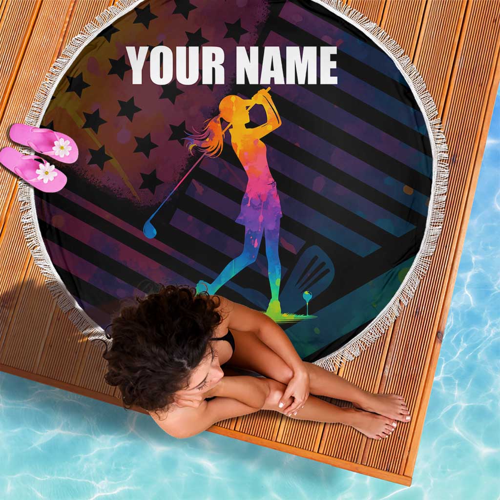 Colorful Golf Beach Blanket Watercolor American Flag Female Golfer Silhouette in Rainbow Gradient - Wonder Print Shop