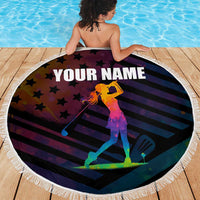 Colorful Golf Beach Blanket Watercolor American Flag Female Golfer Silhouette in Rainbow Gradient - Wonder Print Shop
