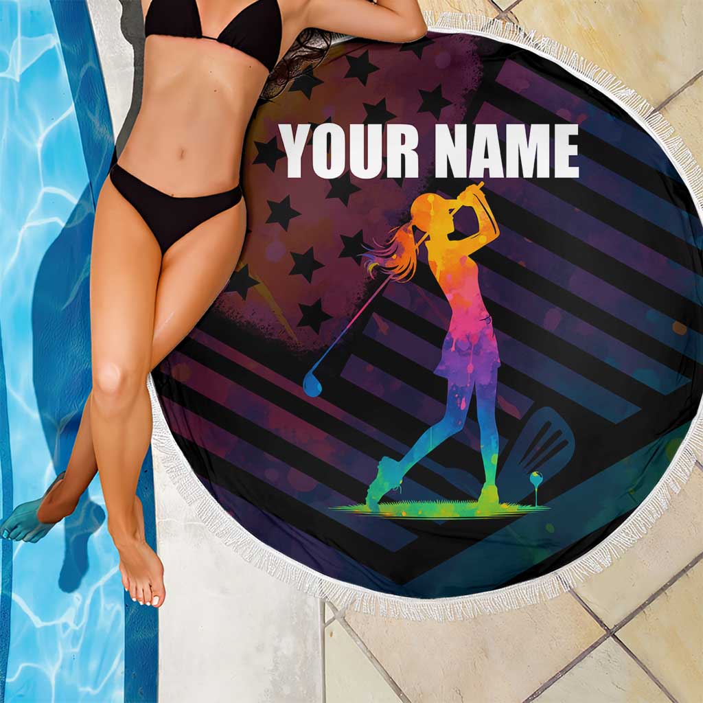 Colorful Golf Beach Blanket Watercolor American Flag Female Golfer Silhouette in Rainbow Gradient - Wonder Print Shop