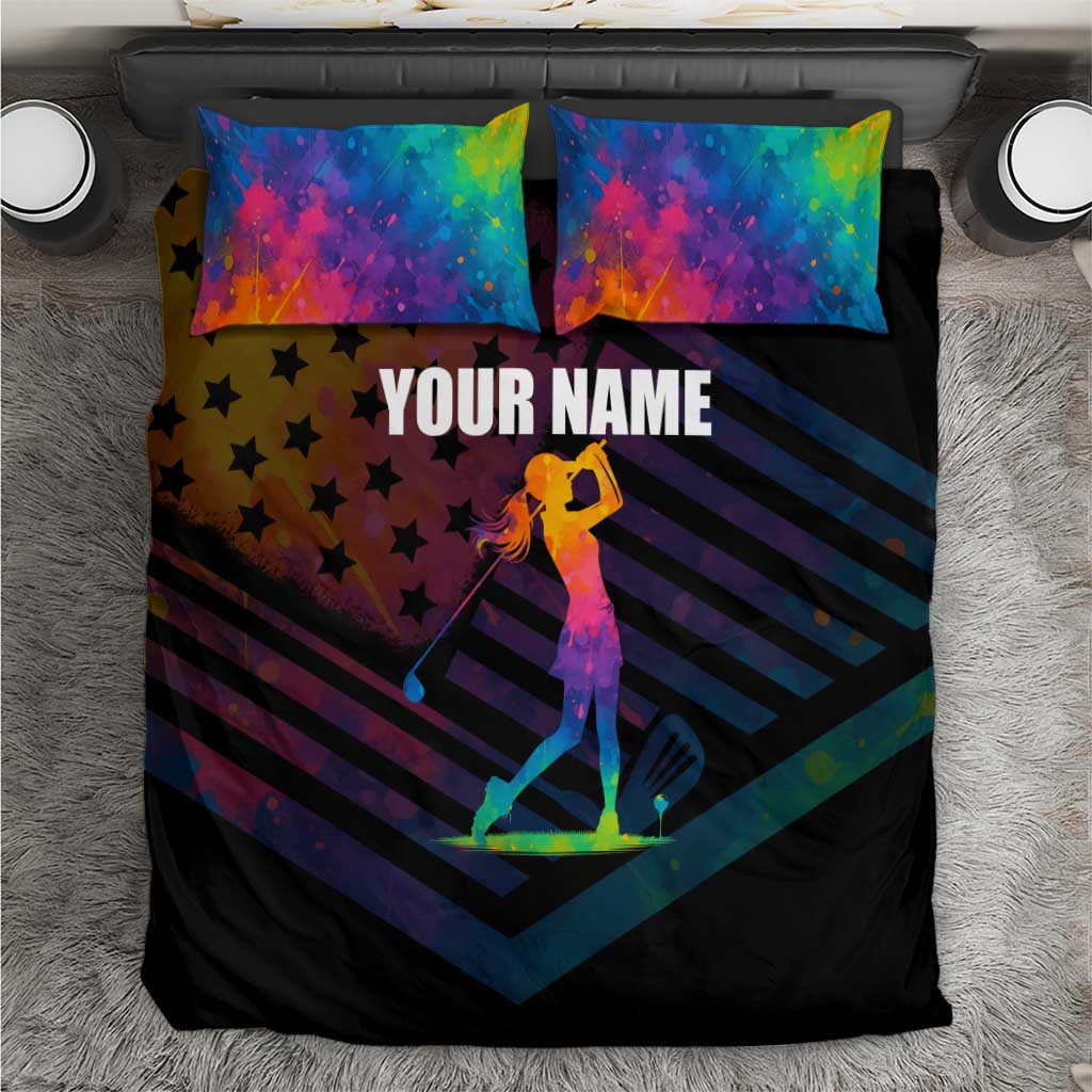 Colorful Golf Bedding Set Watercolor American Flag Female Golfer Silhouette in Rainbow Gradient - Wonder Print Shop