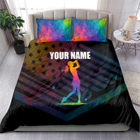 Colorful Golf Bedding Set Watercolor American Flag Female Golfer Silhouette in Rainbow Gradient - Wonder Print Shop