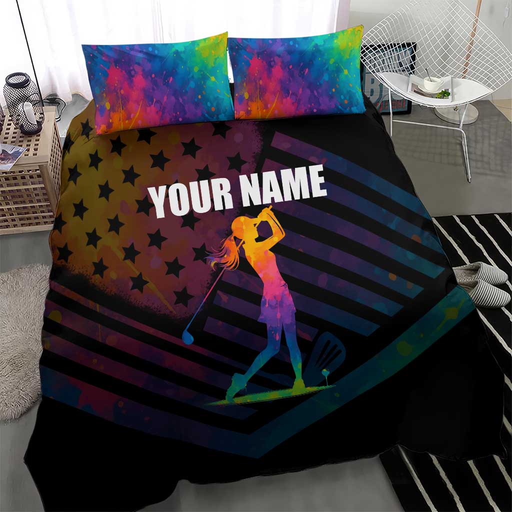 Colorful Golf Bedding Set Watercolor American Flag Female Golfer Silhouette in Rainbow Gradient - Wonder Print Shop