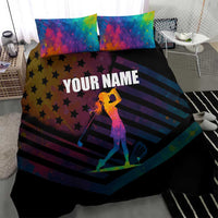 Colorful Golf Bedding Set Watercolor American Flag Female Golfer Silhouette in Rainbow Gradient - Wonder Print Shop