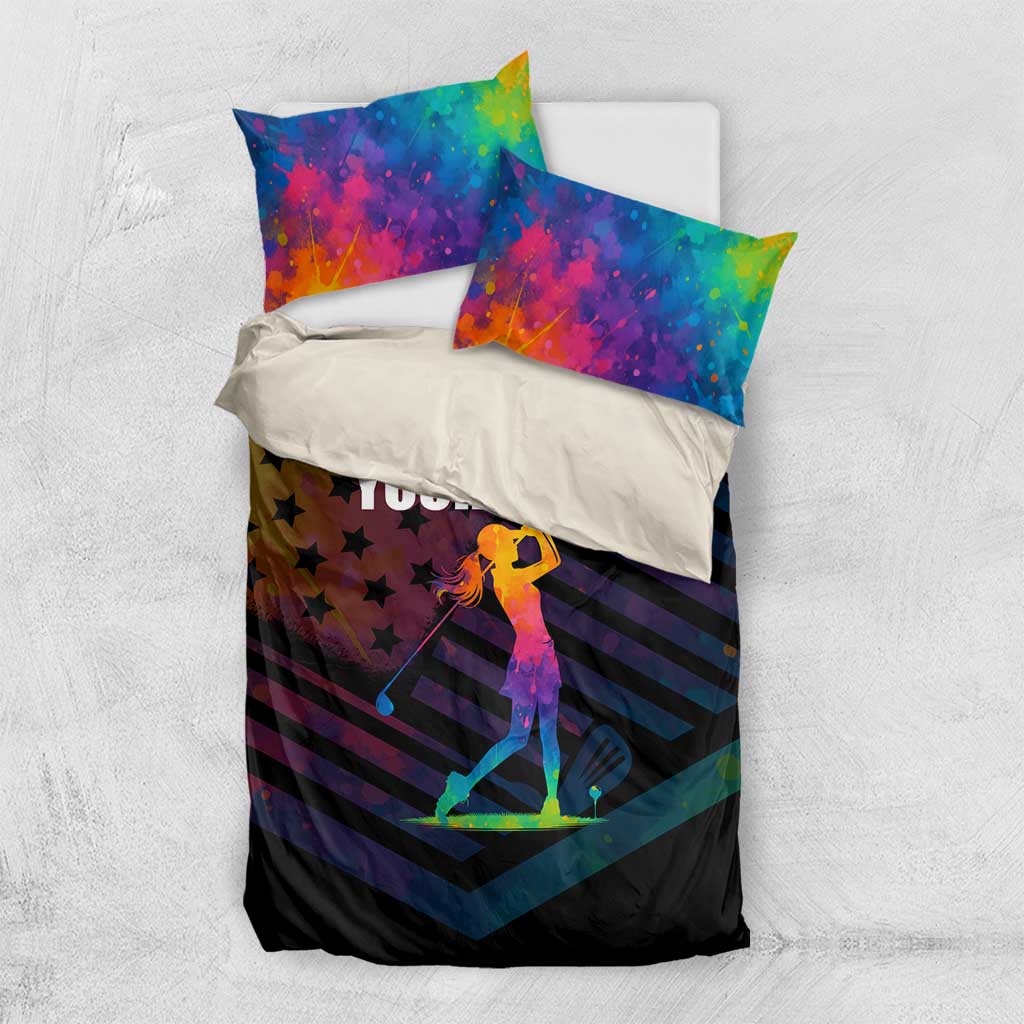 Colorful Golf Bedding Set Watercolor American Flag Female Golfer Silhouette in Rainbow Gradient - Wonder Print Shop