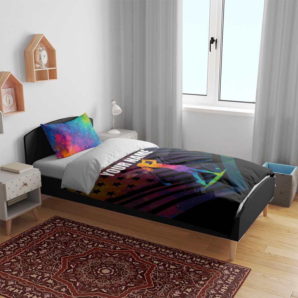 Colorful Golf Bedding Set Watercolor American Flag Female Golfer Silhouette in Rainbow Gradient - Wonder Print Shop