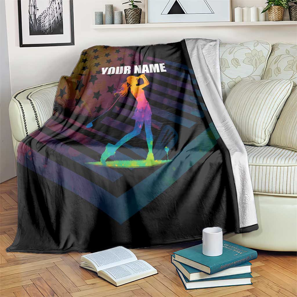 Colorful Golf Blanket Watercolor American Flag Female Golfer Silhouette in Rainbow Gradient - Wonder Print Shop