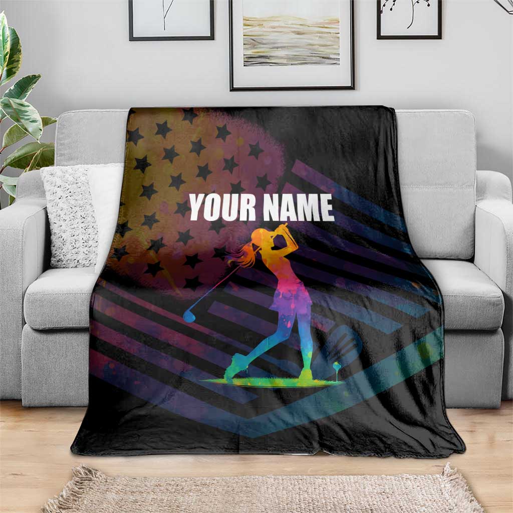 Colorful Golf Blanket Watercolor American Flag Female Golfer Silhouette in Rainbow Gradient - Wonder Print Shop