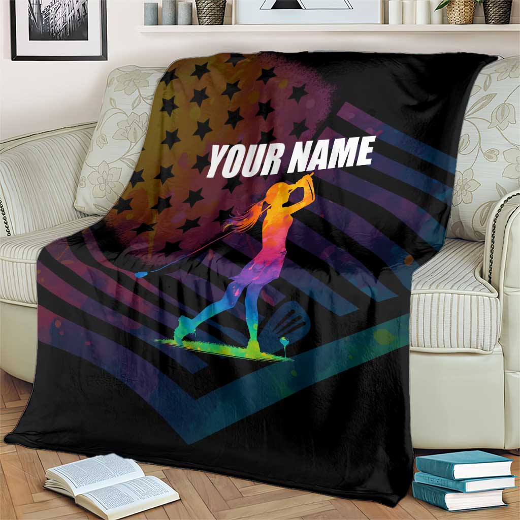 Colorful Golf Blanket Watercolor American Flag Female Golfer Silhouette in Rainbow Gradient - Wonder Print Shop