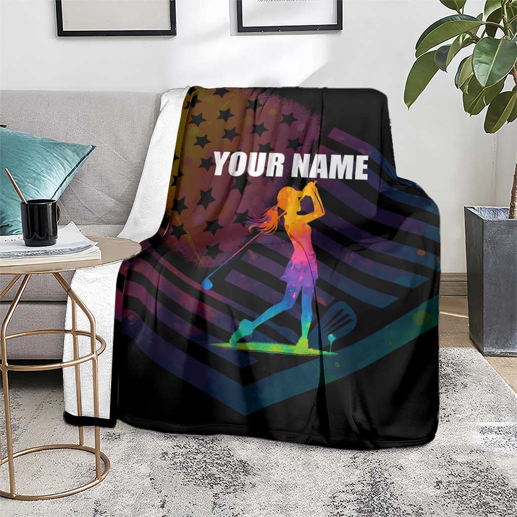 Colorful Golf Blanket Watercolor American Flag Female Golfer Silhouette in Rainbow Gradient - Wonder Print Shop