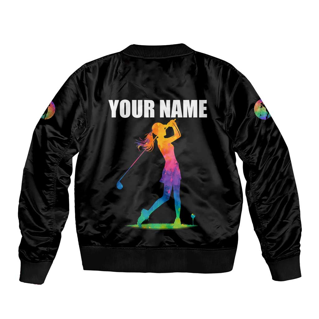 Colorful Golf Bomber Jacket Watercolor American Flag Female Golfer Silhouette in Rainbow Gradient - Wonder Print Shop