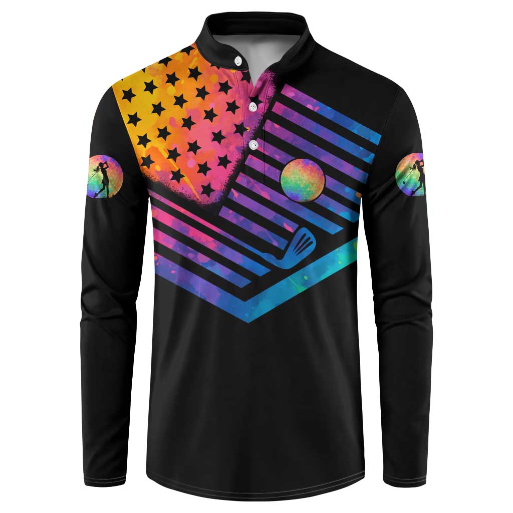 Colorful Golf Button Sweatshirt Watercolor American Flag Female Golfer Silhouette in Rainbow Gradient - Wonder Print Shop