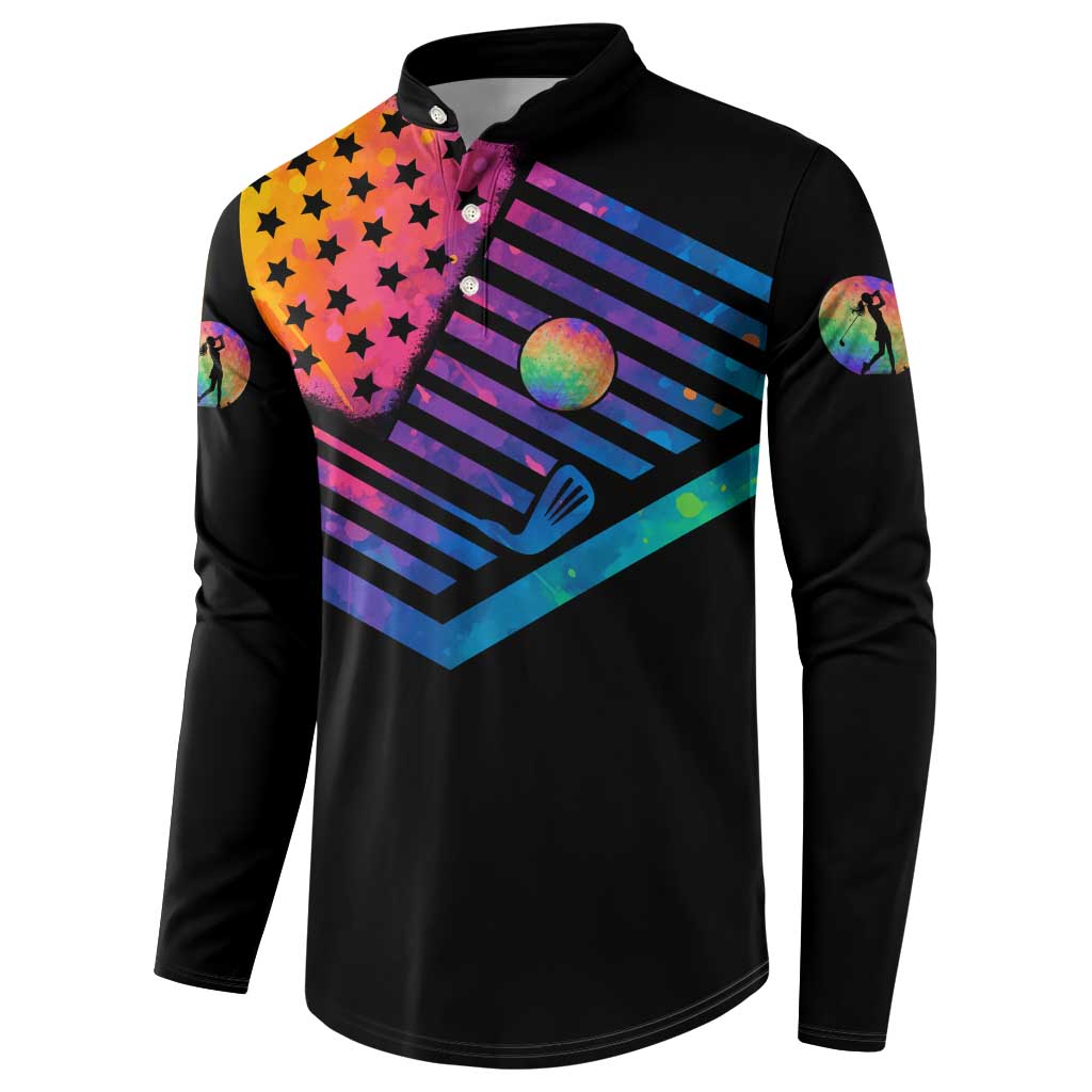 Colorful Golf Button Sweatshirt Watercolor American Flag Female Golfer Silhouette in Rainbow Gradient - Wonder Print Shop