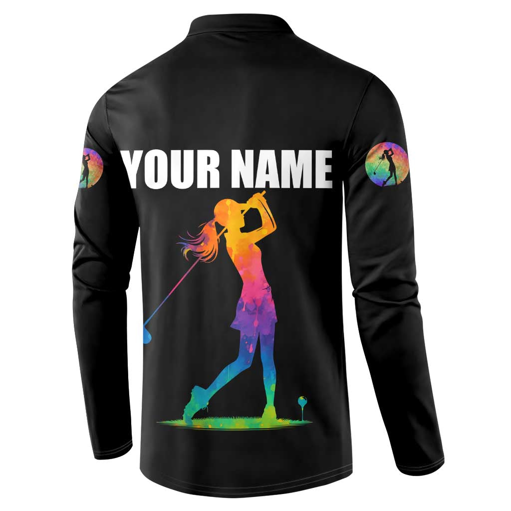 Colorful Golf Button Sweatshirt Watercolor American Flag Female Golfer Silhouette in Rainbow Gradient - Wonder Print Shop