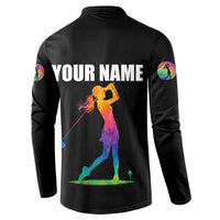 Colorful Golf Button Sweatshirt Watercolor American Flag Female Golfer Silhouette in Rainbow Gradient - Wonder Print Shop