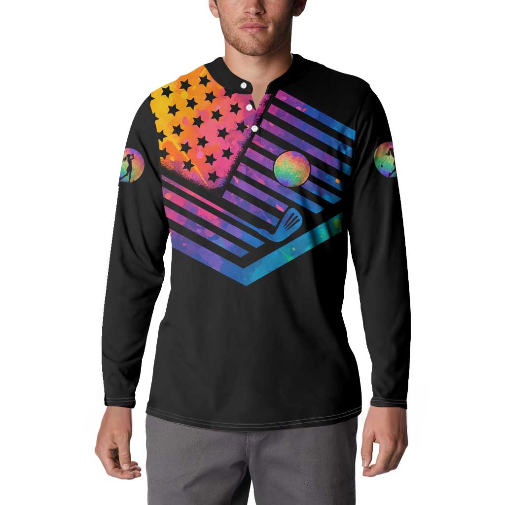 Colorful Golf Button Sweatshirt Watercolor American Flag Female Golfer Silhouette in Rainbow Gradient - Wonder Print Shop
