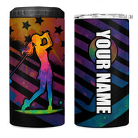 Colorful Golf 4 in 1 Can Cooler Tumbler Watercolor American Flag Female Golfer Silhouette in Rainbow Gradient - Wonder Print Shop